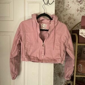 Pink Cropped Hoodie Denim Jacket